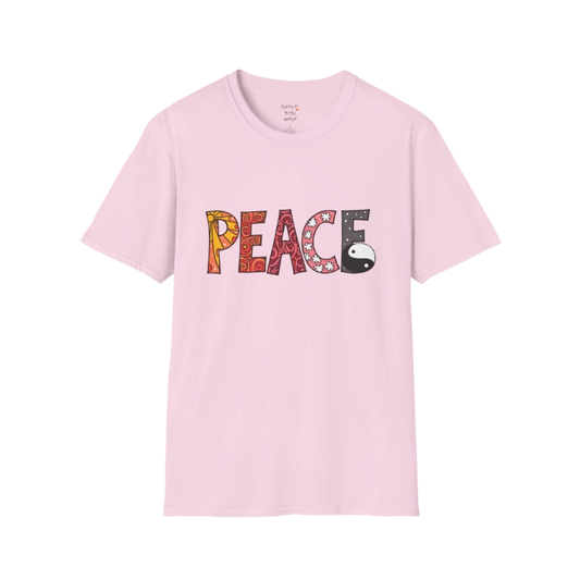 Patterned vintage-inspired “PEACE” typography with subtle Yin Yang symbol design — The Vault collection by Ramro Yoga Wear — Light Pink