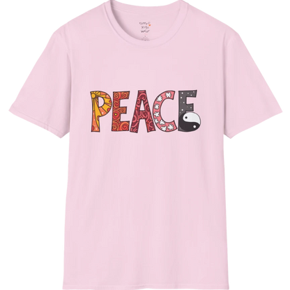 Short sleeved patterned vintage-inspired “PEACE” typography tee with subtle Yin Yang symbol design — The Vault collection by Ramro Yoga Wear — Light Pink