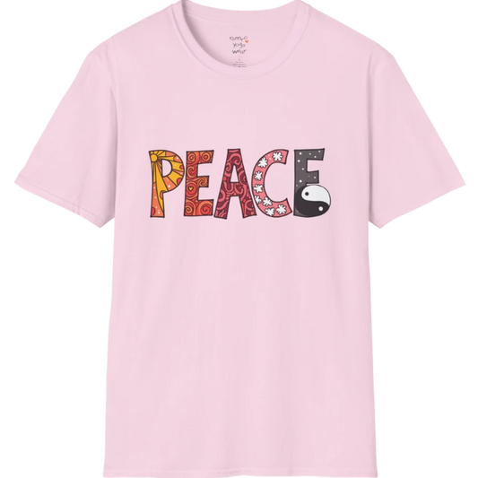 Short sleeved patterned vintage-inspired “PEACE” typography tee with subtle Yin Yang symbol design — The Vault collection by Ramro Yoga Wear — Light Pink