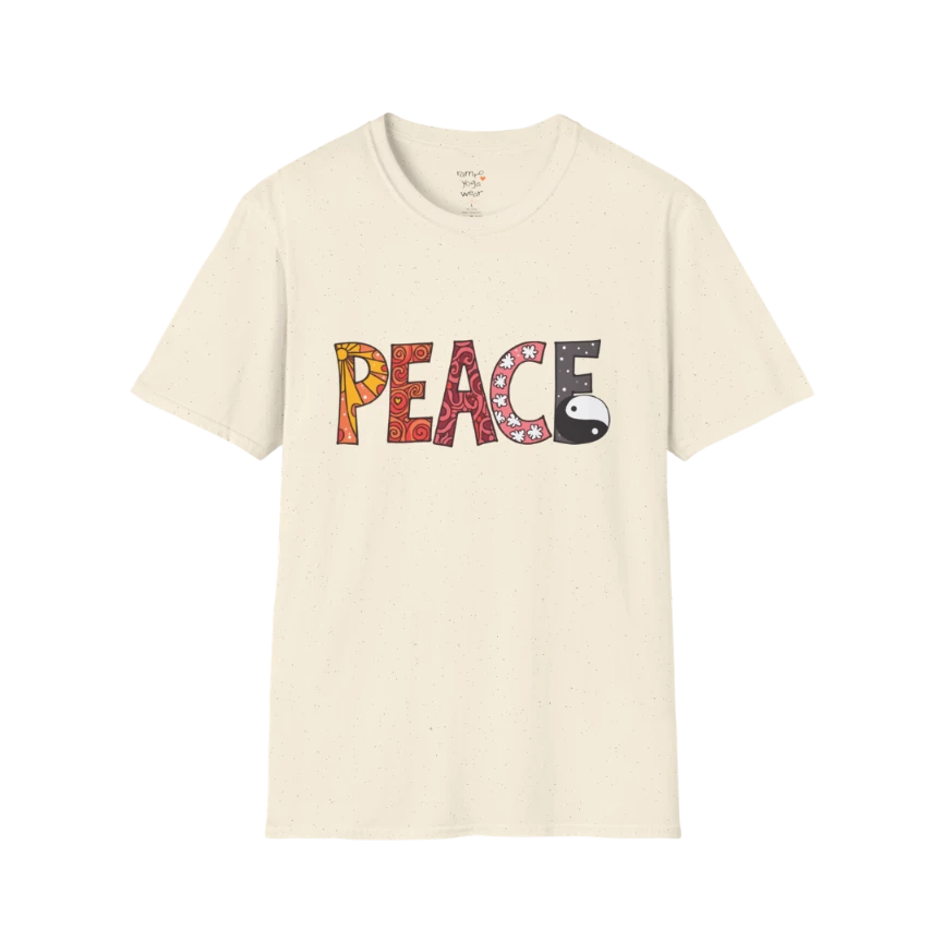 Patterned vintage-inspired “PEACE” typography with subtle Yin Yang symbol design — The Vault collection by Ramro Yoga Wear — Natural