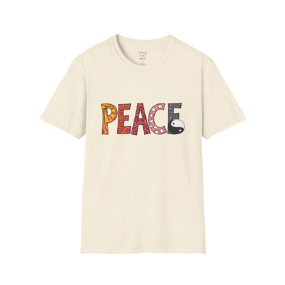 Patterned vintage-inspired “PEACE” typography with subtle Yin Yang symbol design — The Vault collection by Ramro Yoga Wear — Natural