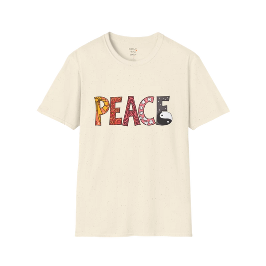 Natural Yin Yang Peace T-Shirt with colorful patterned peace typography and spiritual Yin Yang artwork.