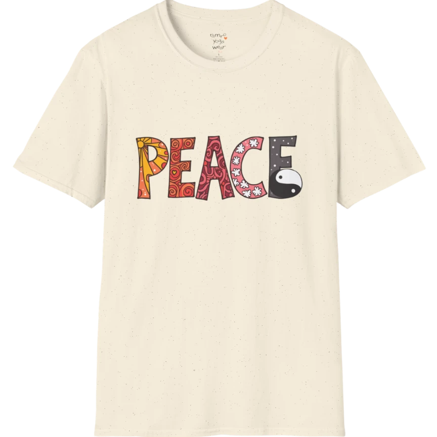 Short sleeved patterned vintage-inspired “PEACE” typography tee with subtle Yin Yang symbol design — The Vault collection by Ramro Yoga Wear — Natural