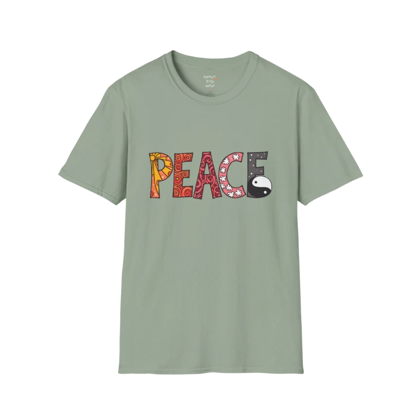 Patterned vintage-inspired “PEACE” typography with subtle Yin Yang symbol design — The Vault collection by Ramro Yoga Wear —  Sage