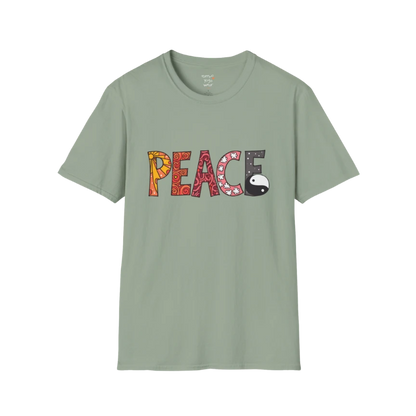 Patterned vintage-inspired “PEACE” typography with subtle Yin Yang symbol design — The Vault collection by Ramro Yoga Wear —  Sage