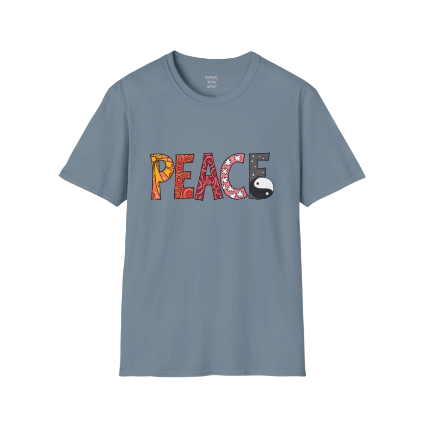 Patterned vintage-inspired “PEACE” typography with subtle Yin Yang symbol design — The Vault collection by Ramro Yoga Wear — Stone Blue