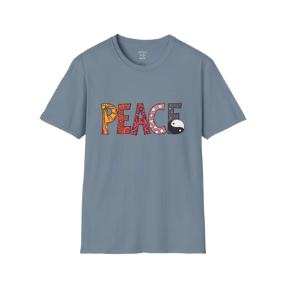 Patterned vintage-inspired “PEACE” typography with subtle Yin Yang symbol design — The Vault collection by Ramro Yoga Wear — Stone Blue