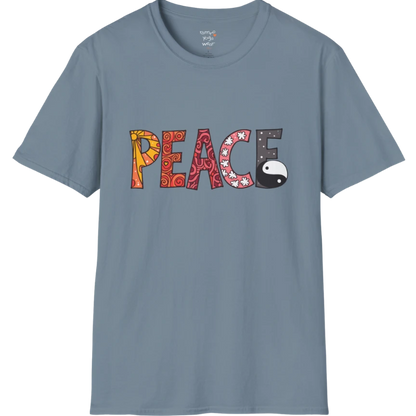 Short sleeved patterned vintage-inspired “PEACE” typography tee with subtle Yin Yang symbol design — The Vault collection by Ramro Yoga Wear — Stone Blue
