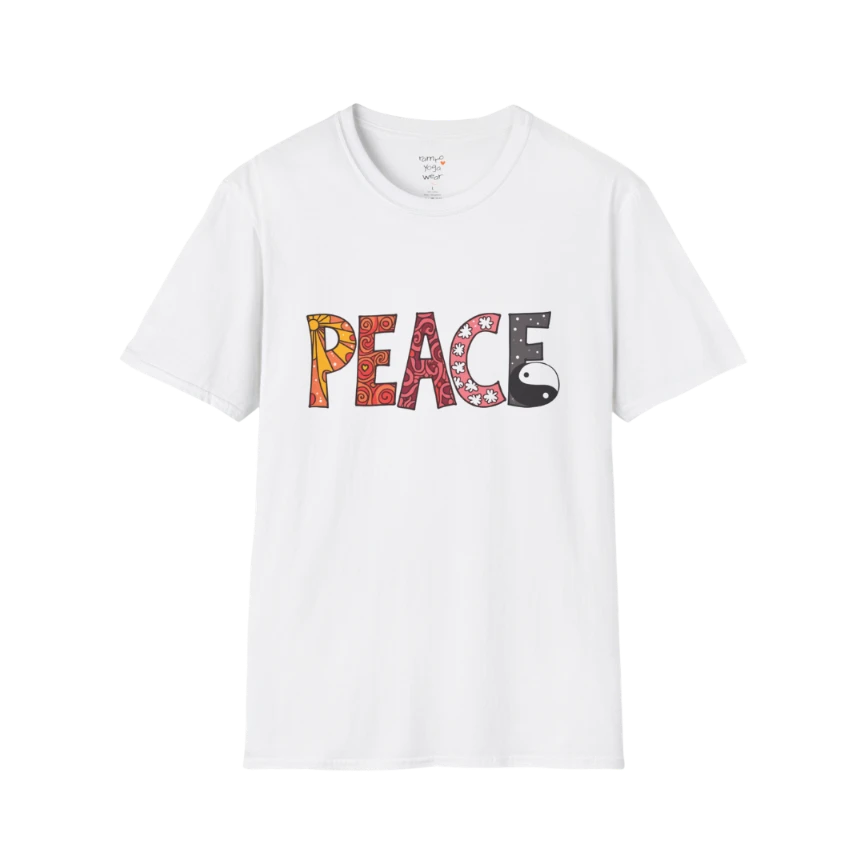Patterned vintage-inspired “PEACE” typography with subtle Yin Yang symbol design — The Vault collection by Ramro Yoga Wear — White