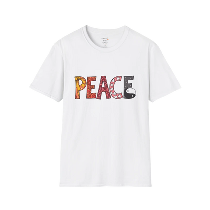 Patterned vintage-inspired “PEACE” typography with subtle Yin Yang symbol design — The Vault collection by Ramro Yoga Wear — White