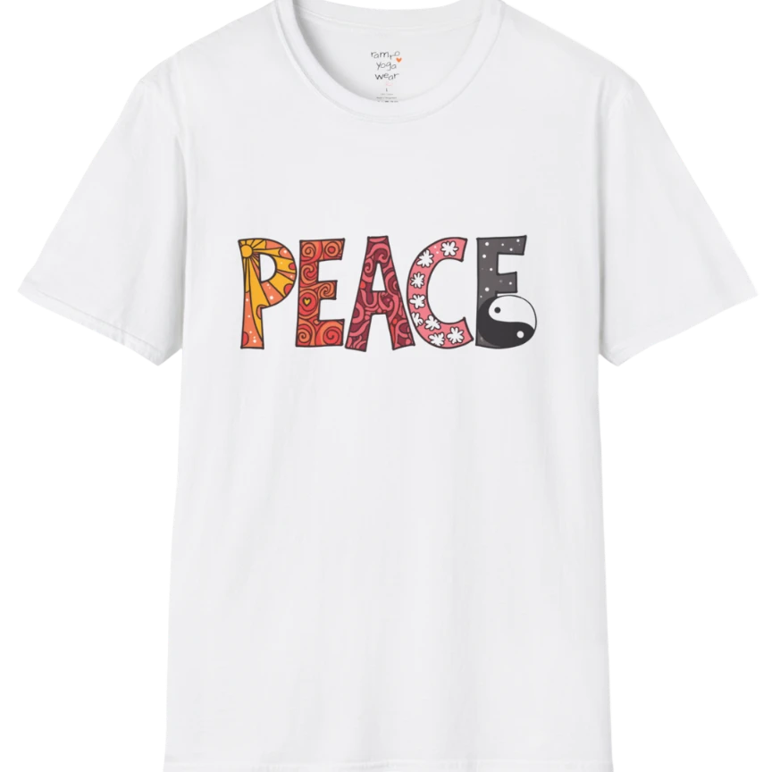 Short sleeved patterned vintage-inspired “PEACE” typography tee with subtle Yin Yang symbol design — The Vault collection by Ramro Yoga Wear — White