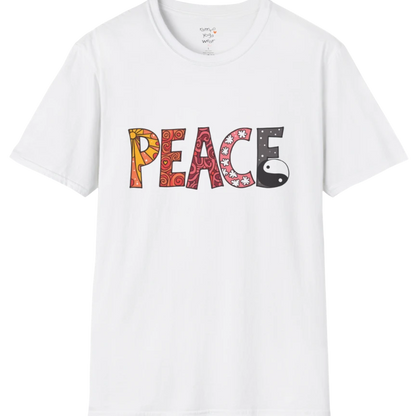 Short sleeved patterned vintage-inspired “PEACE” typography tee with subtle Yin Yang symbol design — The Vault collection by Ramro Yoga Wear — White