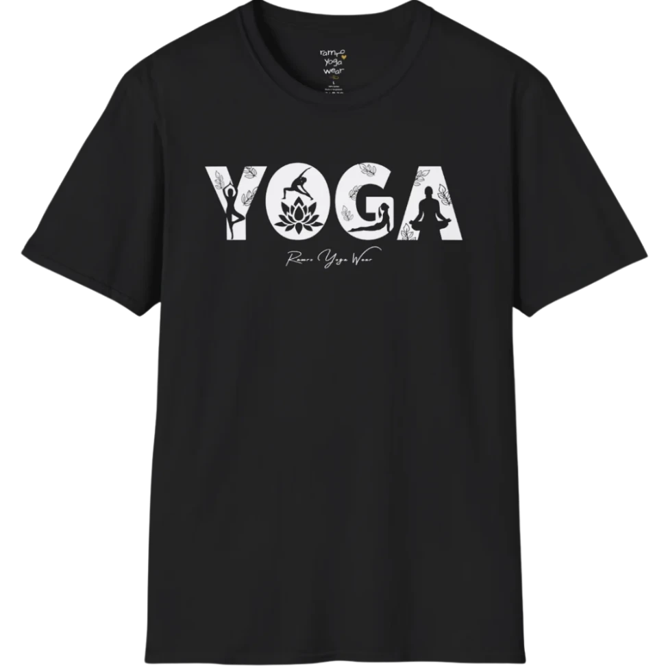 "YOGA" text design, with the text illustrating yoga positions — The Vault collection by Ramro Yoga Wear, Black