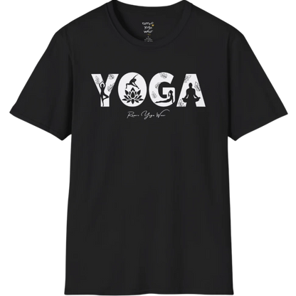 "YOGA" text design, with the text illustrating yoga positions — The Vault collection by Ramro Yoga Wear, Black