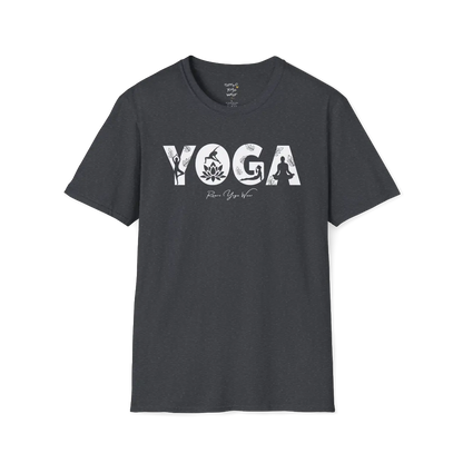 "YOGA" text design — The Vault collection by Ramro Yoga Wear, Dark Heather Grey.