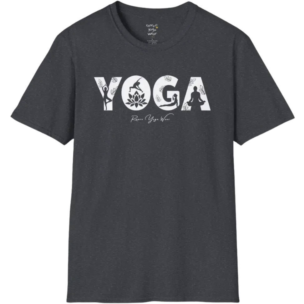 "YOGA" text design, with the text illustrating yoga positions — The Vault collection by Ramro Yoga Wear, Dark Heather Grey