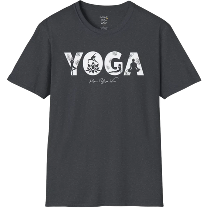 "YOGA" text design, with the text illustrating yoga positions — The Vault collection by Ramro Yoga Wear, Dark Heather Grey