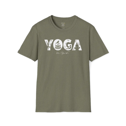 "YOGA" text design — The Vault collection by Ramro Yoga Wear, Heather Military Green.