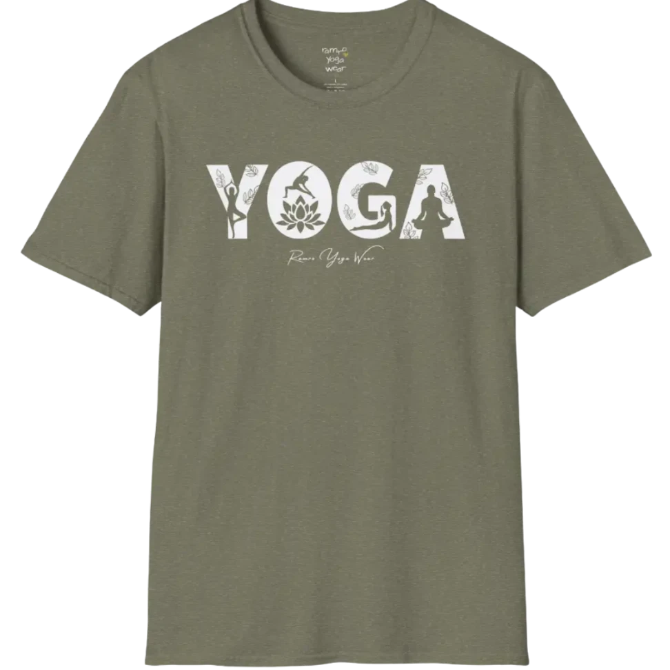 "YOGA" text design, with the text illustrating yoga positions — The Vault collection by Ramro Yoga Wear, Heather Military Green