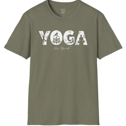 "YOGA" text design, with the text illustrating yoga positions — The Vault collection by Ramro Yoga Wear, Heather Military Green