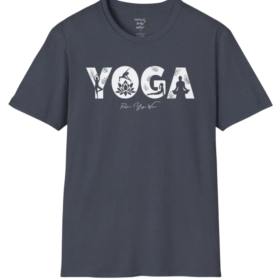 "YOGA" text design, with the text illustrating yoga positions — The Vault collection by Ramro Yoga Wear, Heather Navy