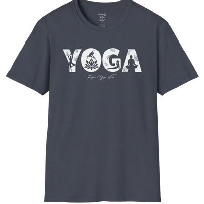 "YOGA" text design, with the text illustrating yoga positions — The Vault collection by Ramro Yoga Wear, Heather Navy