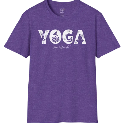 "YOGA" text design, with the text illustrating yoga positions — The Vault collection by Ramro Yoga Wear, Heather Purple
