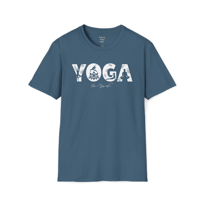 "YOGA" text design — The Vault collection by Ramro Yoga Wear, Indigo Blue.