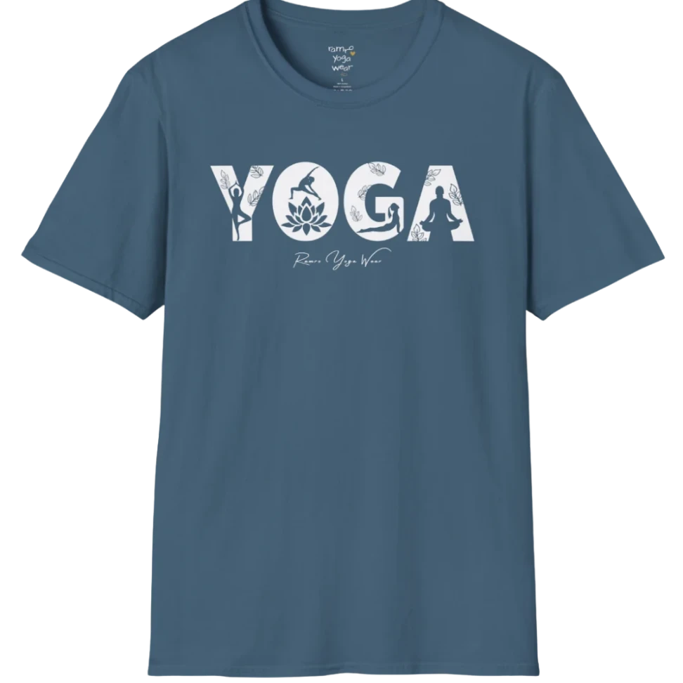 "YOGA" text design, with the text illustrating yoga positions — The Vault collection by Ramro Yoga Wear, Indigo Blue
