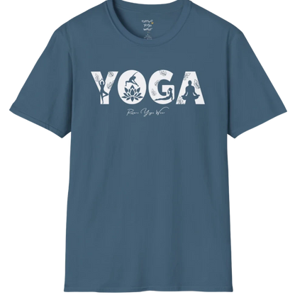 "YOGA" text design, with the text illustrating yoga positions — The Vault collection by Ramro Yoga Wear, Indigo Blue