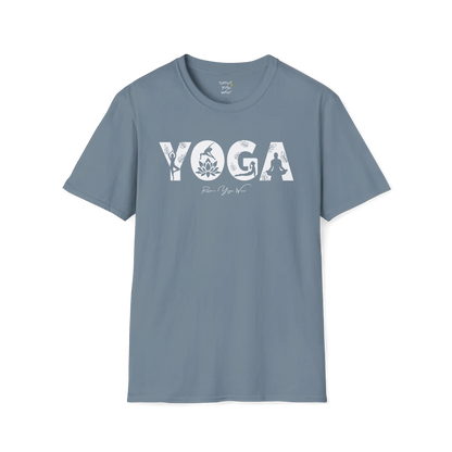"YOGA" text design — The Vault collection by Ramro Yoga Wear, Stone Blue.