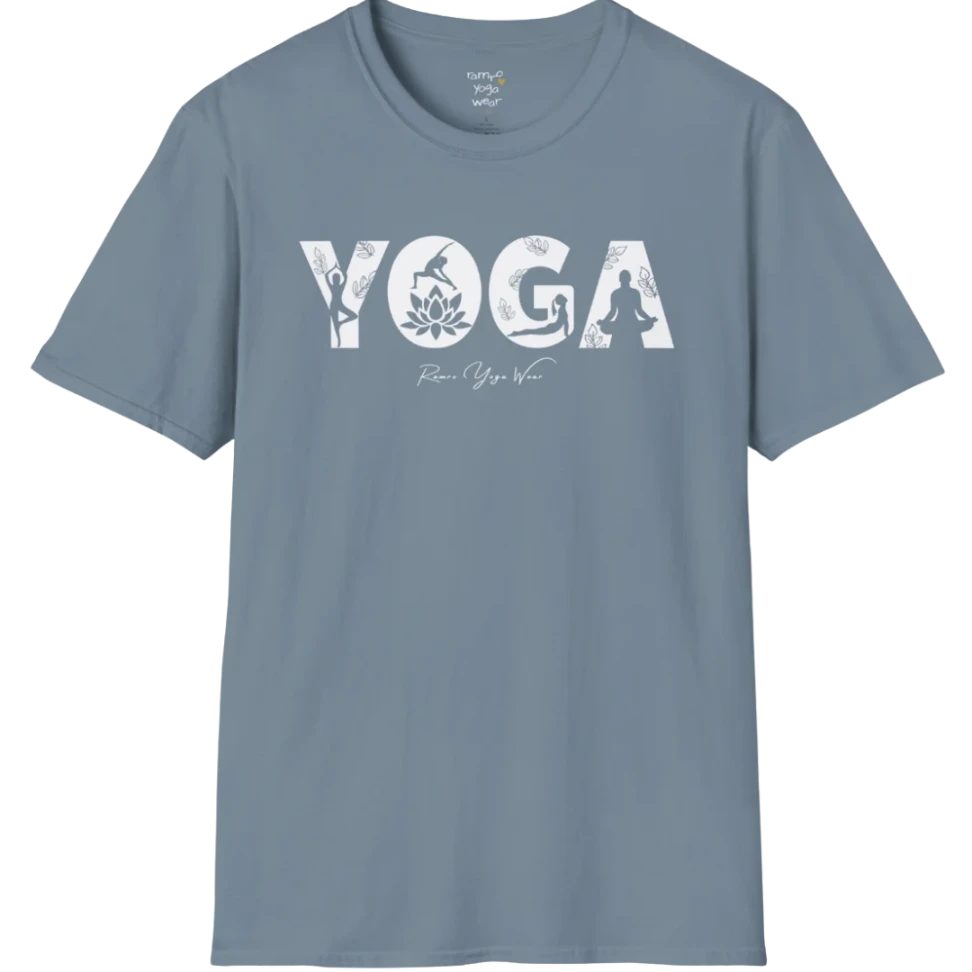 "YOGA" text design, with the text illustrating yoga positions — The Vault collection by Ramro Yoga Wear, Stone Blue