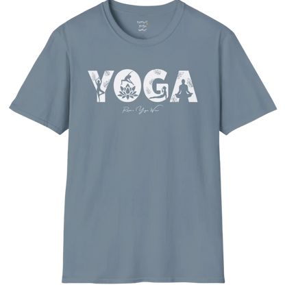 "YOGA" text design, with the text illustrating yoga positions — The Vault collection by Ramro Yoga Wear, Stone Blue