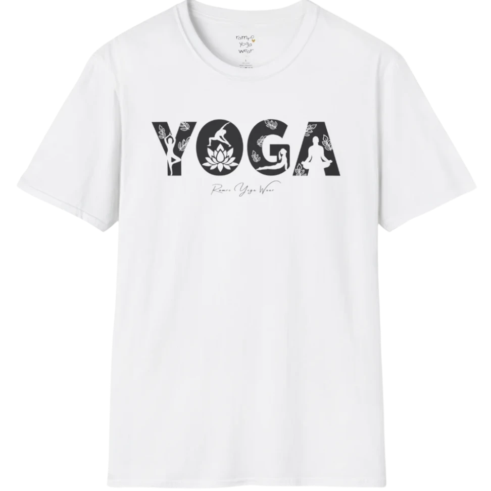"YOGA" text design, with the text illustrating yoga positions — The Vault collection by Ramro Yoga Wear, White