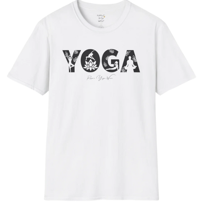 "YOGA" text design, with the text illustrating yoga positions — The Vault collection by Ramro Yoga Wear, White