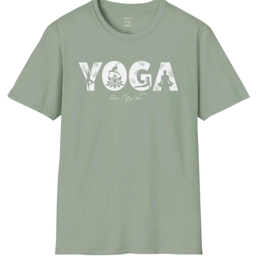 "YOGA" text design, with the text illustrating yoga positions — The Vault collection by Ramro Yoga Wear, Sage.