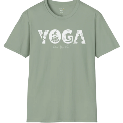"YOGA" text design, with the text illustrating yoga positions — The Vault collection by Ramro Yoga Wear, Sage.