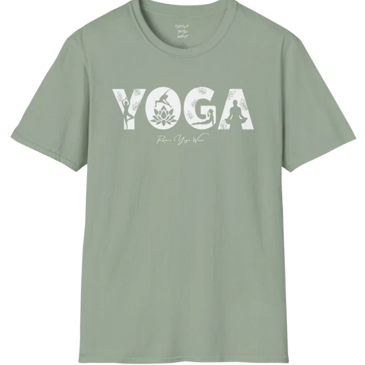 "YOGA" text design, with the text illustrating yoga positions — The Vault collection by Ramro Yoga Wear, Sage.