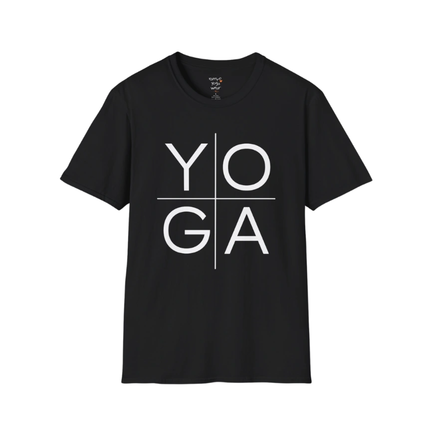 Yoga T-Shirt Black with bold minimalist YOGA text design. Clean yoga tee with strong contrast and modern, confident style.