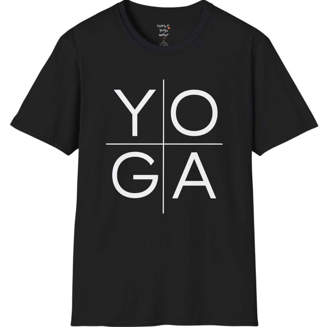 Stacked "YOGA" typography design on Black tee — The Vault collection by Ramro Yoga Wear