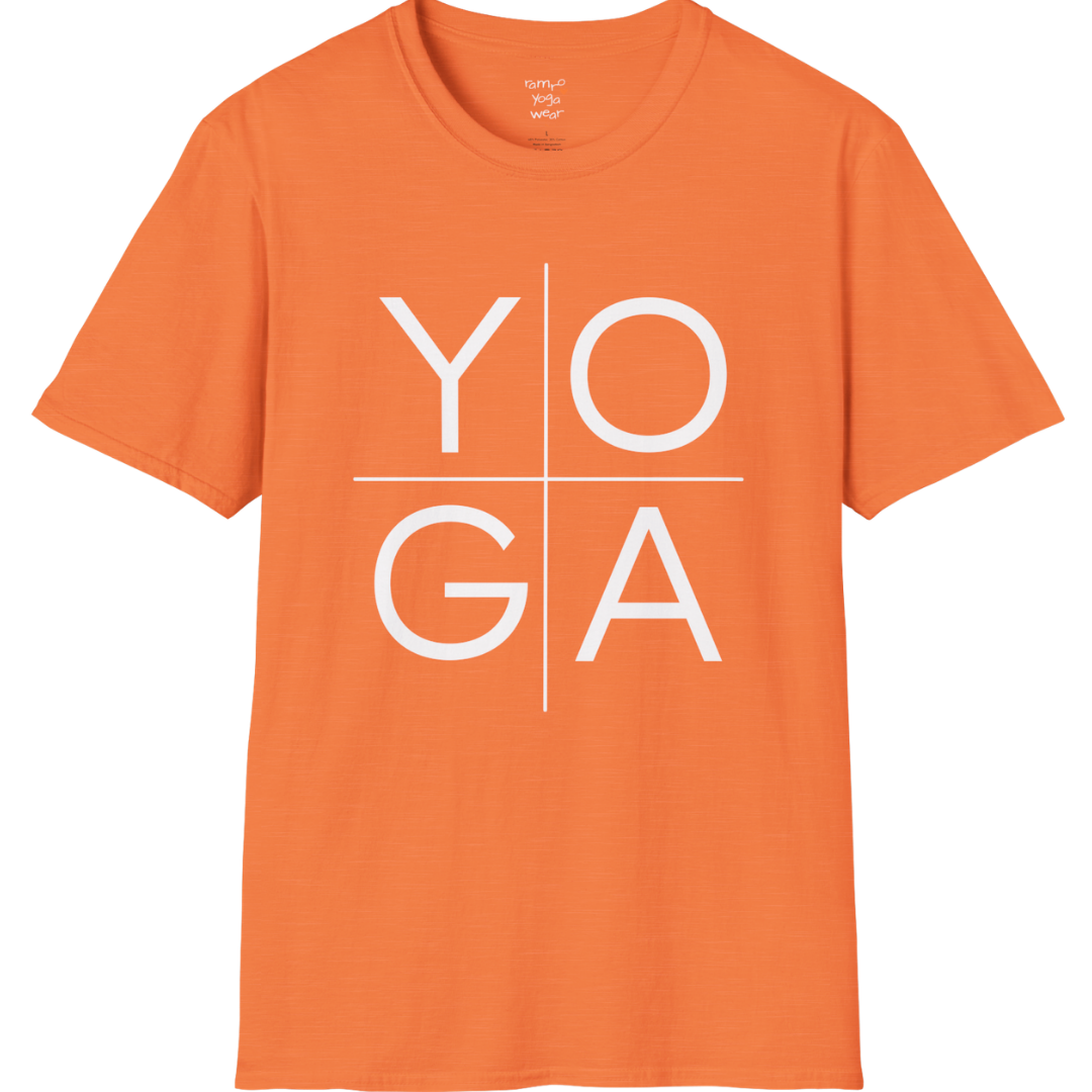 Stacked "YOGA" typography design on Heather Orange tee — The Vault collection by Ramro Yoga Wear
