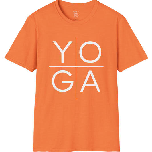 Stacked "YOGA" typography design on Heather Orange tee — The Vault collection by Ramro Yoga Wear