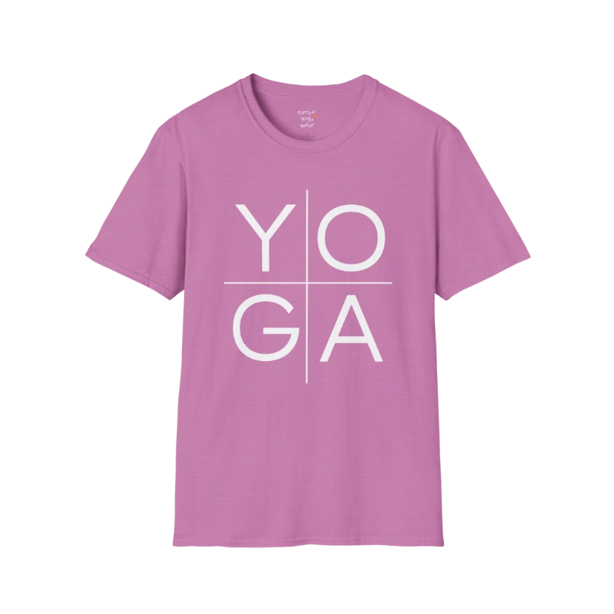 Yoga T-Shirt Heather Radiant Orchid with clean YOGA text design. Soft yoga tee with vibrant color and calm, confident vibe.
