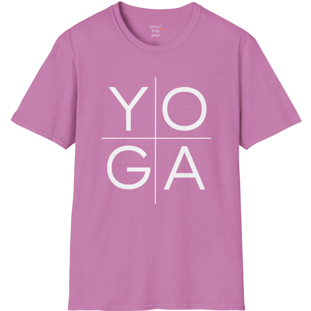 Stacked "YOGA" typography design on Heather Radiant Orchid tee — The Vault collection by Ramro Yoga Wear