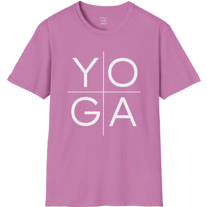 Stacked "YOGA" typography design on Heather Radiant Orchid tee — The Vault collection by Ramro Yoga Wear