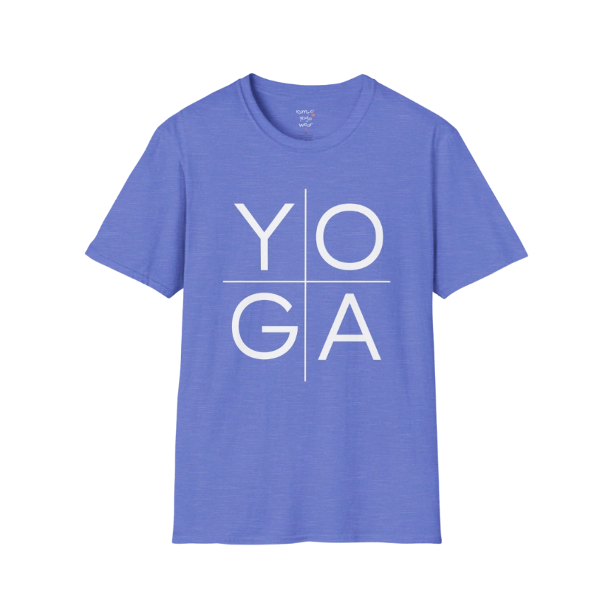 Yoga T-Shirt Heather Royal with bold YOGA text design. Comfortable yoga tee with cool tone and effortless, modern style.