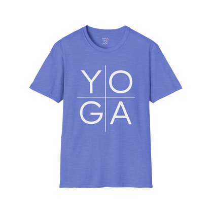 Yoga T-Shirt Heather Royal with bold YOGA text design. Comfortable yoga tee with cool tone and effortless, modern style.