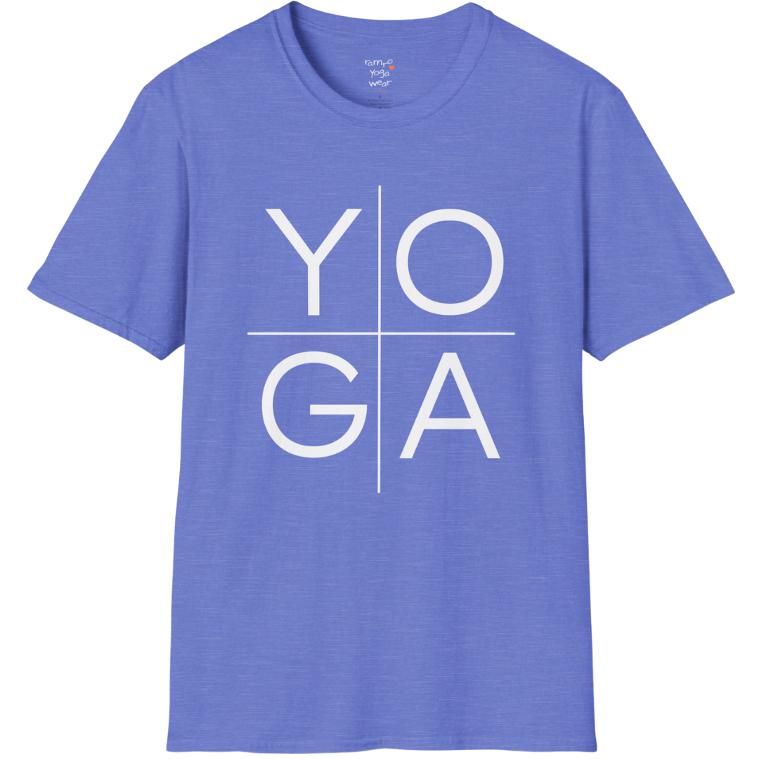 Stacked "YOGA" typography design on Heather Royal tee — The Vault collection by Ramro Yoga Wear