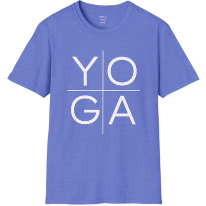 Stacked "YOGA" typography design on Heather Royal tee — The Vault collection by Ramro Yoga Wear