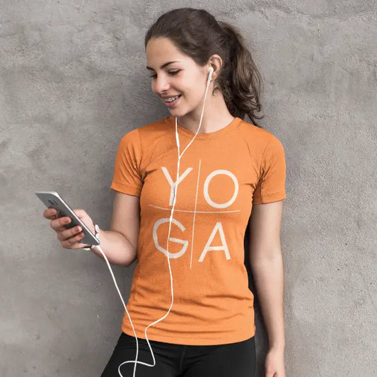 Yoga T-Shirt Lifestyle 1 featuring model in casual setting with headphones. Relaxed yoga tee styled for everyday wear with natural, effortless vibe.